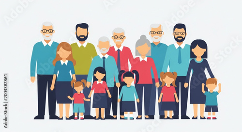 Diverse multi-generational family posing together happily.