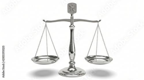 A classic silver scales of justice balancing perfectly on a white background, symbolizing fairness.