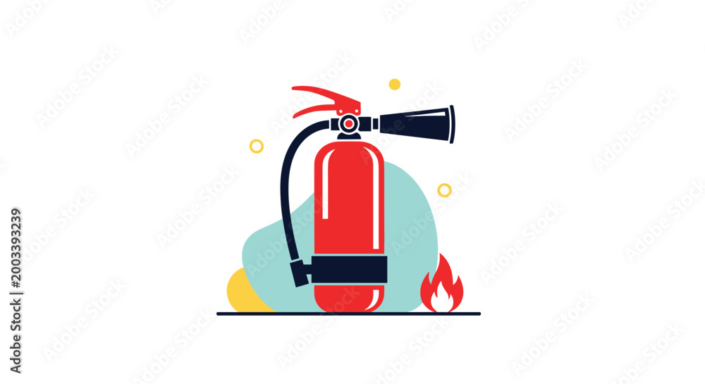 Obraz premium Red fire extinguisher icon on an abstract background with a small flame to represent emergency fire safety equipment.