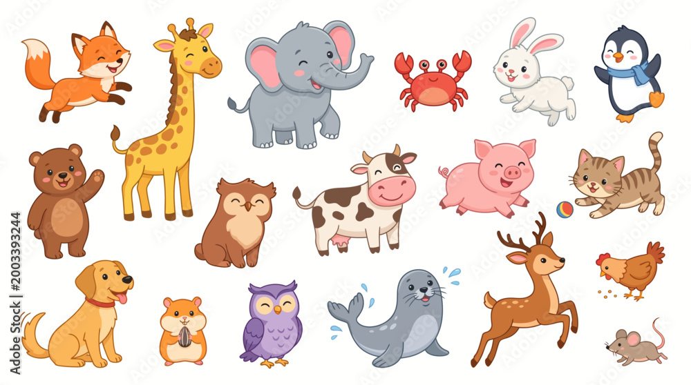 Obraz premium A cute collection of funny cartoon animal characters featuring a baby dog, cat, lion, and elephant in a vector illustration set of comic pet icons
