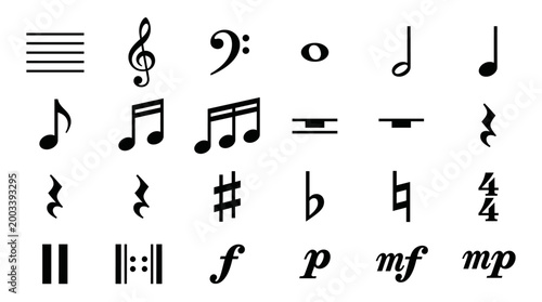 A creative collection of black musical notes and treble clef icons featuring a vector design pattern for education and melody sound business