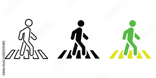 Pedestrian crossing sign variations black white and green versions