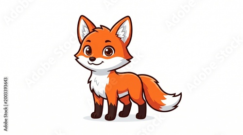 A cute cartoon fox with a fluffy tail stands happily and looks adorable