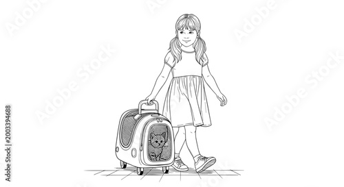 Girl Walking Cat in Carrier Sketch Illustration
