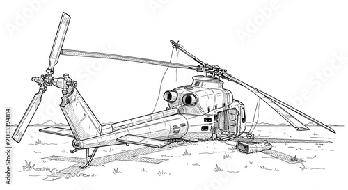 Helicopter Sketch Illustration Grass Field Transport