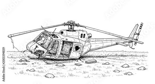 Crashed Helicopter Sketch, Wreckage Scene Illustration