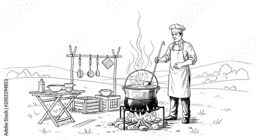 Chef Cooking Outdoors With Large Pot Food Illustration