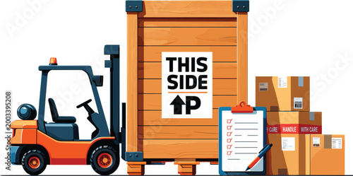 Forklift loading large wooden crate logistics