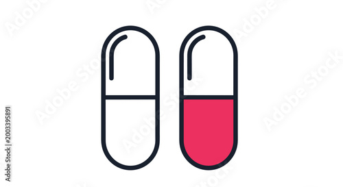 Simple flat icon of two medical capsules with one being plain white and the other having a red lower half for drugs.