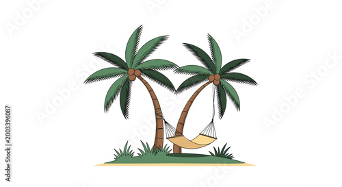 Two green palm trees with brown coconuts on a small tropical island featuring a relaxing hammock and lush grass.