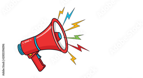 Red and blue megaphone speaker with colorful lightning bolts coming out to signify sound, alerts, or important messages.