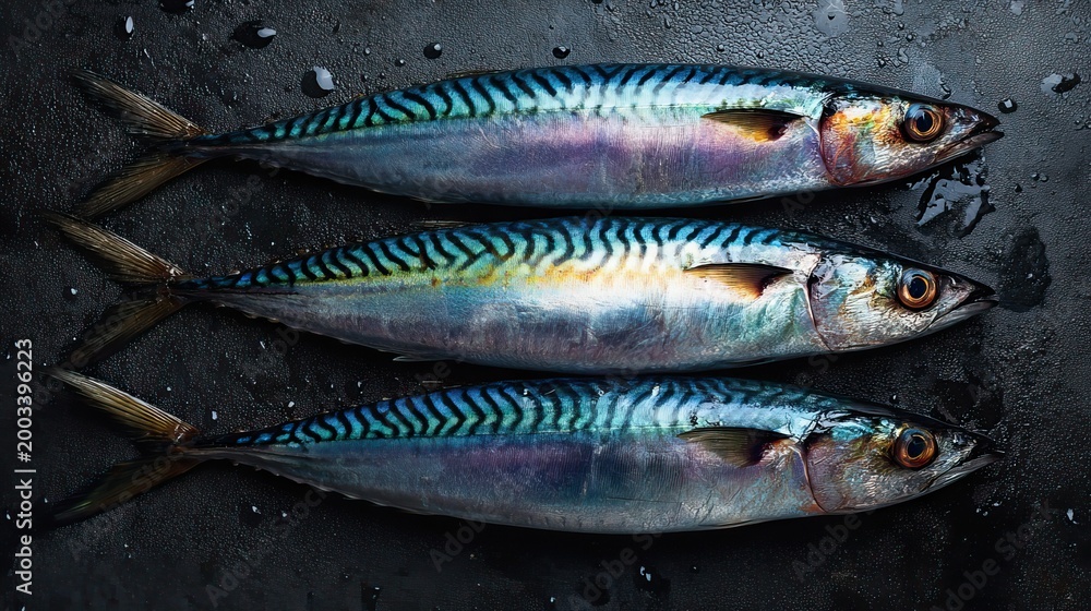 Fototapeta premium Three Fresh Whole Raw Mackerel Fish with Iridescent Blue Striped Scales on Dark Slate Surface. AI generated image