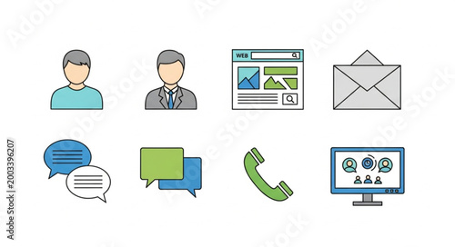 Communication and business icons set for digital connection.