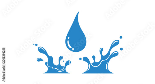 Blue water drop falling and creating two symmetrical splashes to represent purity, hydration, nature, and liquid freshness in design.