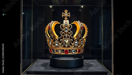 Luxurious gold crown with precious stones on display in a glass case