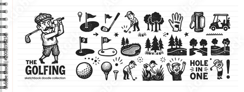Vintage golf doodle collection featuring hand drawn golfers clubs and equipment icons on paper