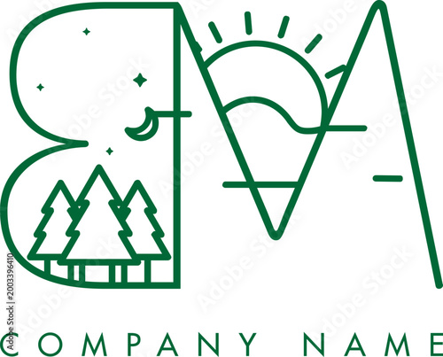 Minimalistic Abstract Initial Letter BM Nature Outdoor Line Art Logo Design