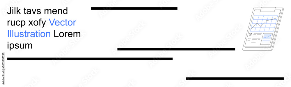 Naklejka premium Data presentation, report design, information layout, business planning, chart analysis, document formatting. A clipboard with a chart next to text lines and placeholder content. Data presentation