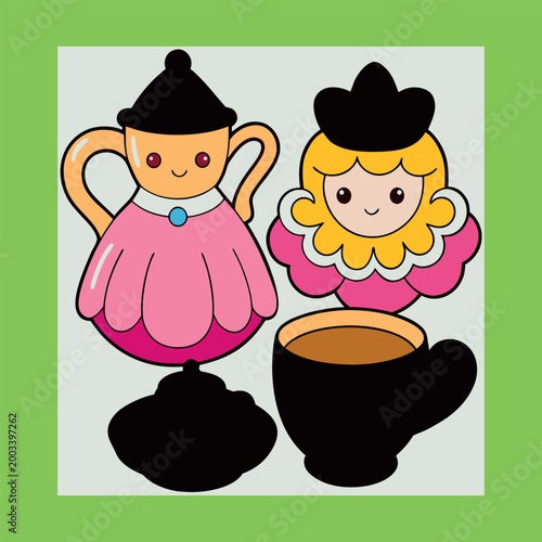 Bilde på lerret Little witch at a festive table with a cup a flying magical teapot a flower vase