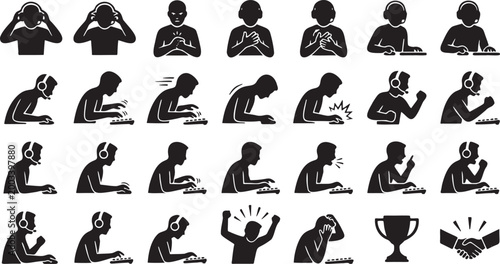 Esports Competitive Gamer Silhouettes - Intense Gameplay Action & Reaction Icon Set.