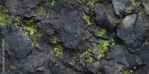 Dark volcanic rock texture with green moss cracks in natural grunge style for background and wallpaper design