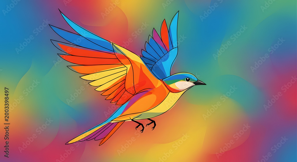 Fototapeta premium Vibrant bird soaring through a colorful, abstract background, symbolizing freedom and creativity