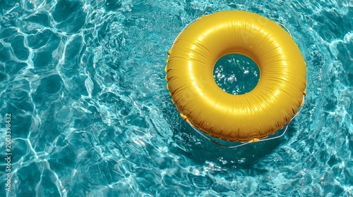 Top down yellow floatie on water with negative space layout
