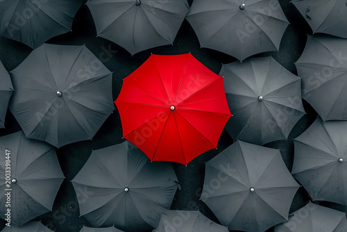 Red Umbrella Standing Out Among Gray Umbrellas – Symbol of Leadership and Safety