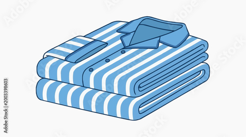Neatly folded shirts arranged in a neat stack, embodying cleanliness and order. Featuring blue and white striped pattern and minimalistic design. 