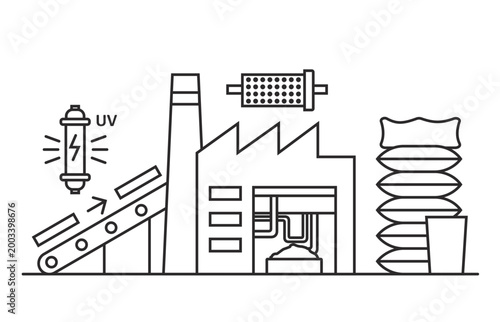 Water treatment and UV filtration factory line icon for industrial purification