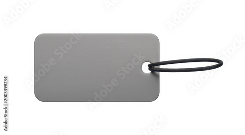 Rectangular grey plastic luggage tag with a black elastic loop isolated on a white background