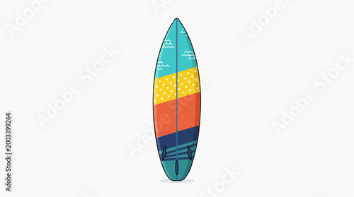 A vibrant surfboard resting elegantly, showcasing a colorful design. Captured against a clean, uncluttered backdrop. 