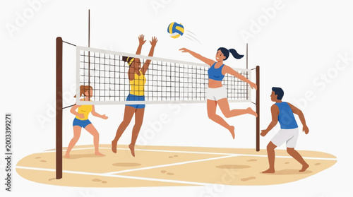 Vibrant action in a beach volleyball match, capturing the energy of athleticism and the thrill of the game, with players mid-air.