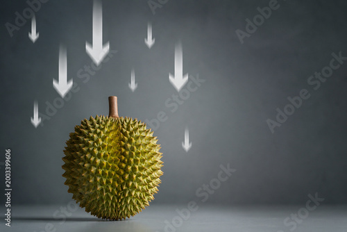 Durian and Downturn: A conceptual image of a durian fruit with downward arrows. Suggesting challenges or economic decline.