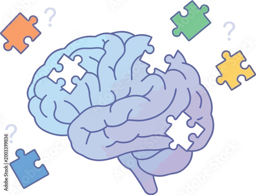 Puzzle pieces floating above a human brain represent a complex mental task.