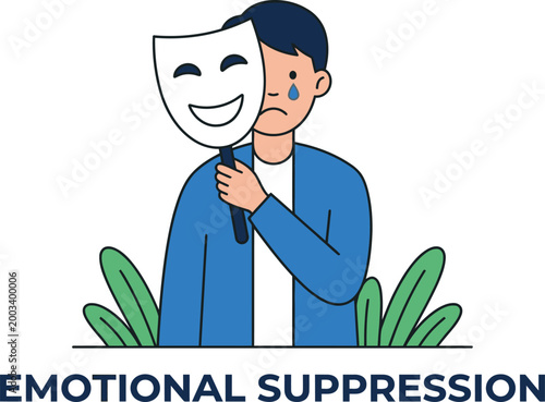 Person hiding true feelings behind a happy mask illustrates emotional pain.
