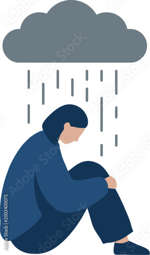 Woman sitting alone feels deep sorrow under a dark rain cloud illustration.