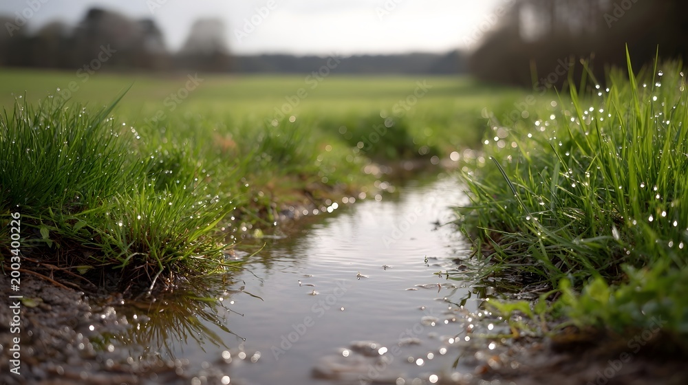 Fototapeta premium A tranquil stream running through dew kissed grasses in a reflective soft focus rural landscape