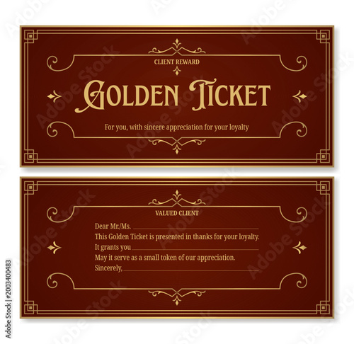 Golden Ticket Template in brown, front and back sides with vintage gold ornament. Great for gift vouchers, loyalty rewards, certificates and coupons. Vector for web and print.