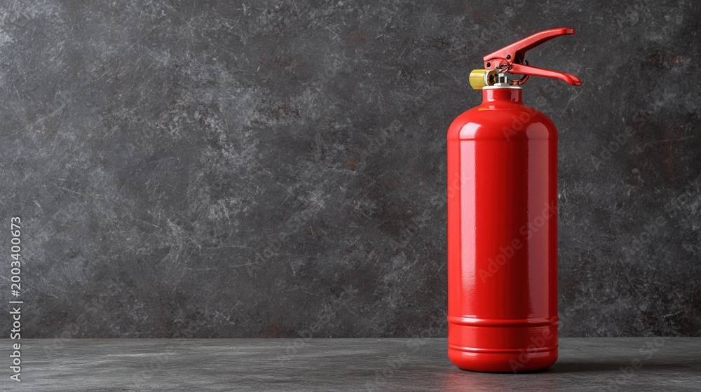 Fototapeta premium Glossy red portable fire extinguisher stands ready against a scratched dark background