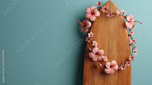 Wooden surfboard on teal wall with hibiscus and blank left side