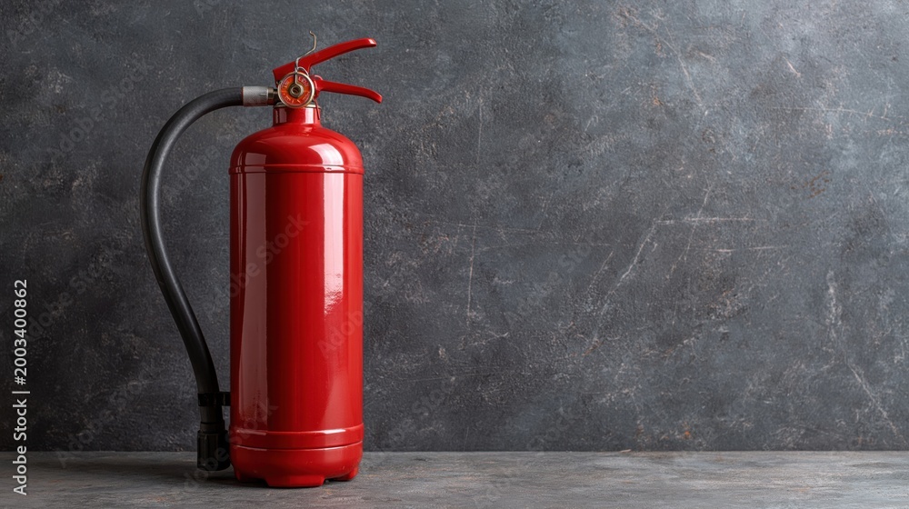 Obraz premium Glossy red portable fire extinguisher standing against a textured dark gray wall