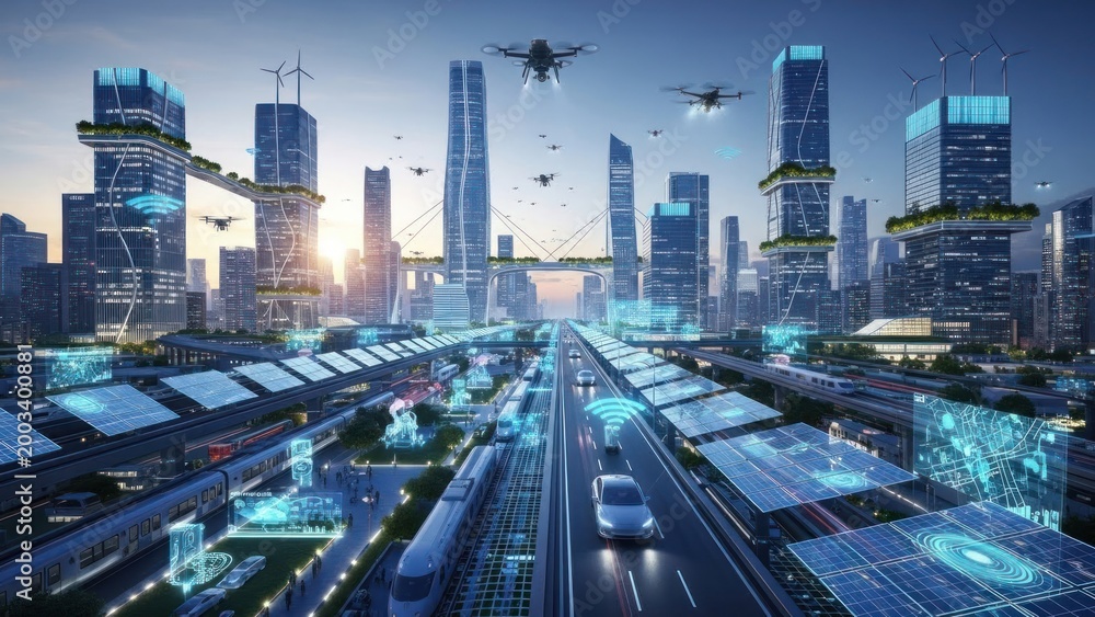Obraz premium Futuristic cityscape with drone transportation and sustainable architecture