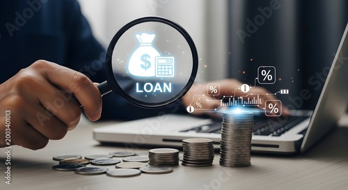 Loan approval and financial planning concept with magnifying glass, money stacks, and digital banking icon interface