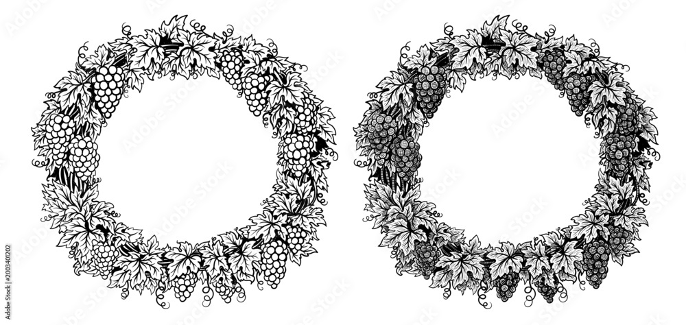 Fototapeta premium Grapevine round wreath. Two hand drawn different sketches style frames. Decoration suitable for wine labels, winery branding, distillery, cellar, refinery. Vector illustration isolated on white 