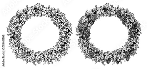 Grapevine round wreath. Two hand drawn different sketches style frames. Decoration suitable for wine labels, winery branding, distillery, cellar, refinery. Vector illustration isolated on white
