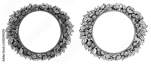 Hop round wreath with rope frame inside. Two hand drawn different sketches style frames. Decoration suitable for beer labels, and branding, craft brewery, brewing. Vector isolated on white