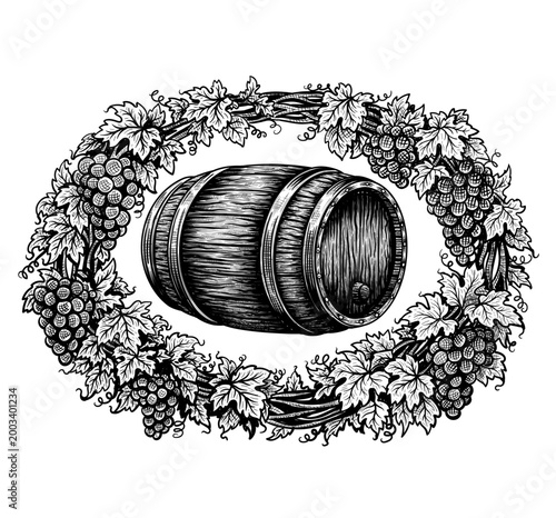 Side view vintage wine barrel inside grapevine oval wreath. Hand drawn vector in sketch style isolated on white. Decoration suitable for wine labels, winery branding, distillery, cellar, refinery