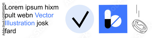 Trust verification, financial security, medical symbols, digital interface, conceptual design, online transactions. Checkmark, capsule and coin images. Trust verification and financial security