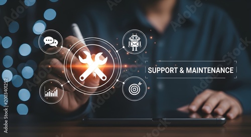 IT Support and Maintenance Services Concept with Businessman Touching Technical Support and Repair Icons